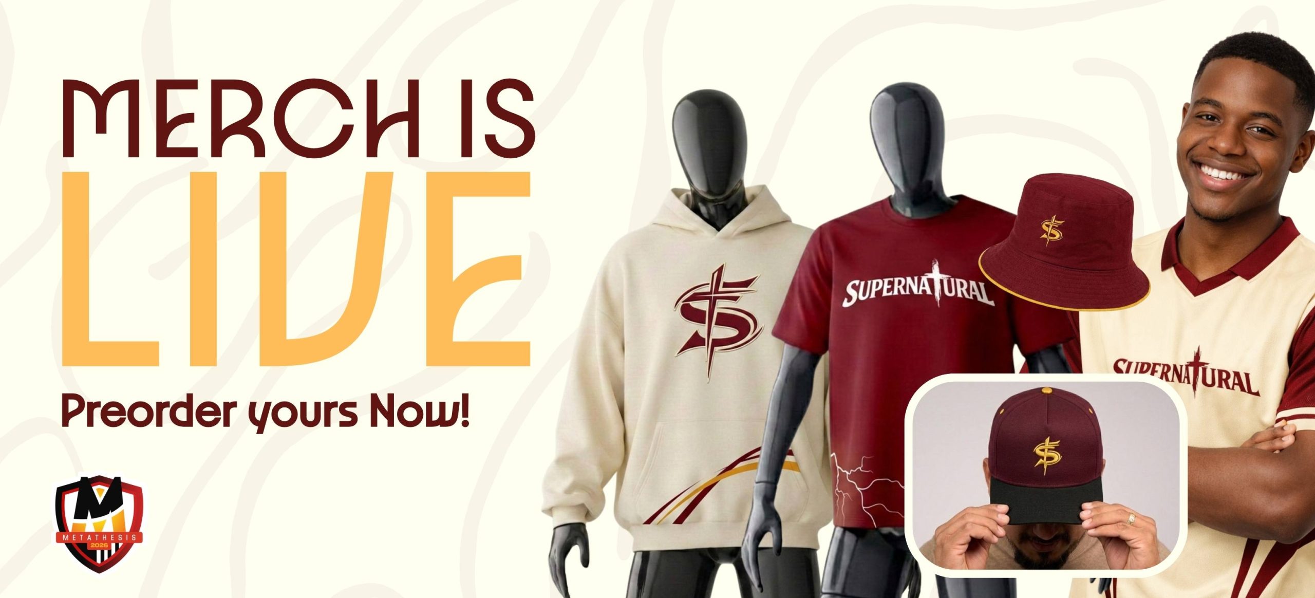 An image banner saying merch is live!